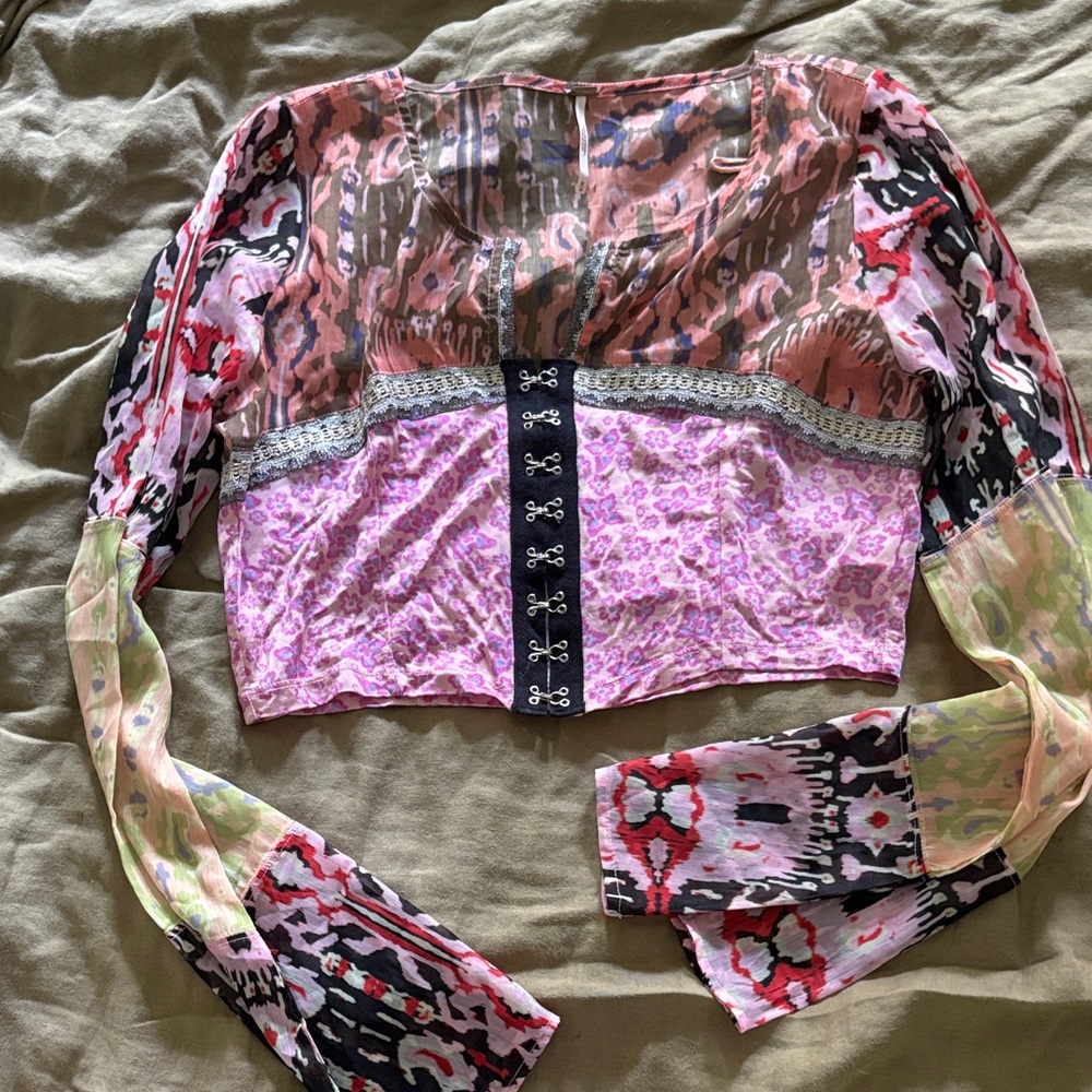 Free People Multi-Color Sheer Mixed-Print Crop Top